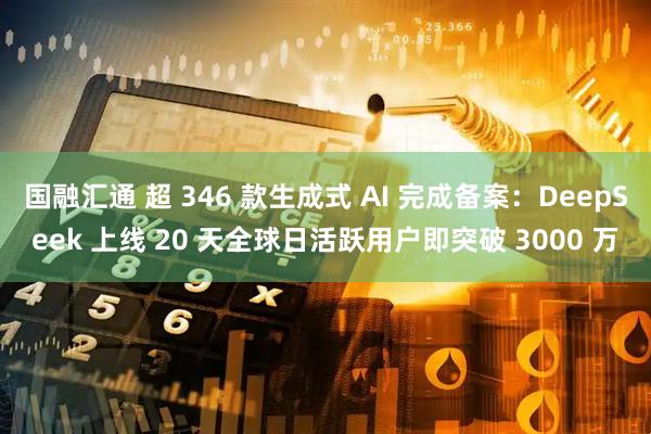 国融汇通 超 346 款生成式 AI 完成备案：DeepSeek 上线 20 天全球日活跃用户即突破 3000 万